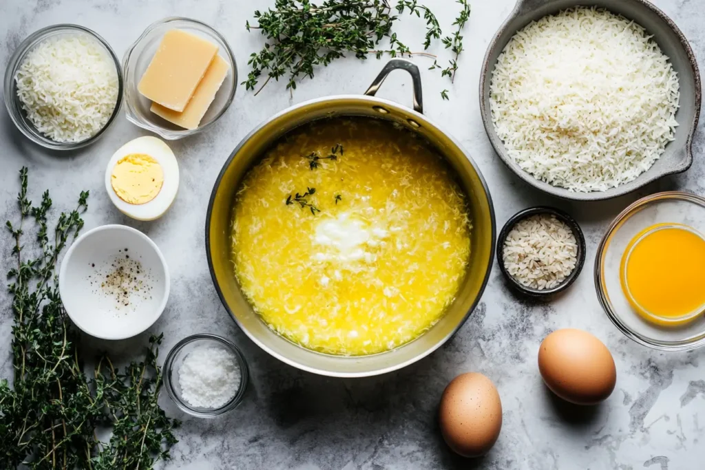 Parmesan rinds, cooked rice, and a whisked egg displayed alongside a simmering pot of soup with scattered thyme and cheese.