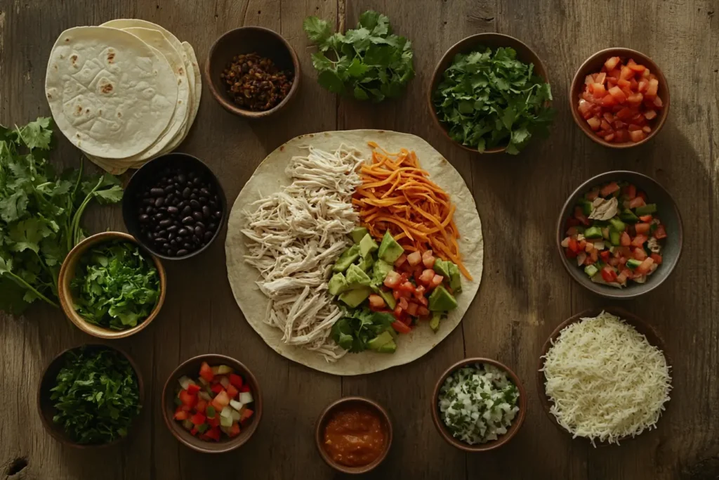 A spread of burrito fillings including shredded chicken, black beans, vegetables, rice, and cheese, with tortillas on the side.