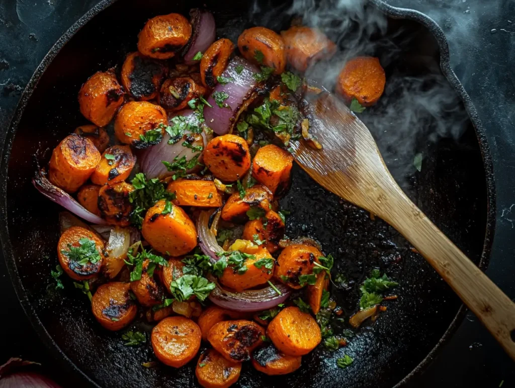 Charred onions and caramelized carrots in a cast-iron skillet with herbs and a wooden spoon.