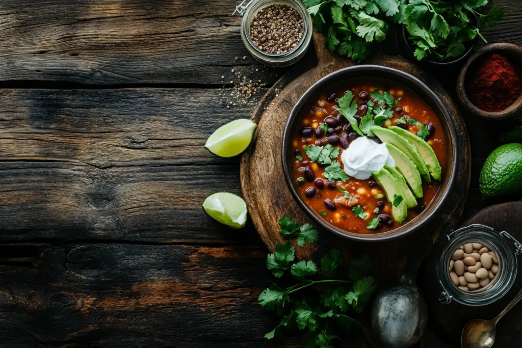 A steaming bowl of black bean soup with fresh garnishes, placed on a rustic table with ingredients.