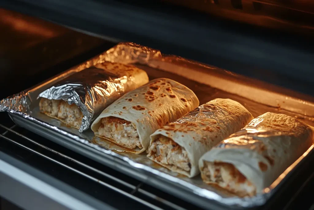 Foil-wrapped frozen burritos baking on a tray in an oven, with golden tortillas beginning to crisp.