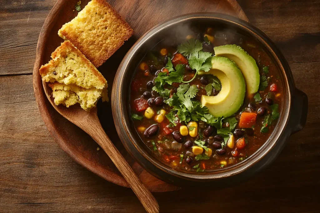 Black bean soup in a ceramic bowl garnished with avocado and cilantro, served with cornbread on a rustic table.