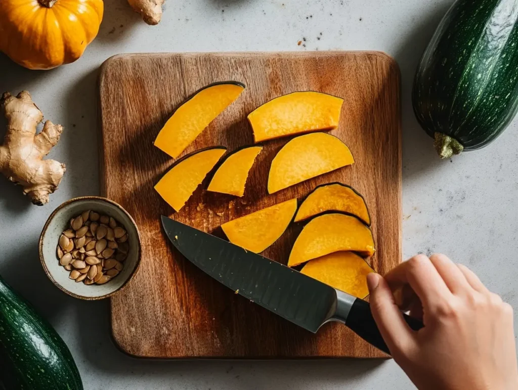 Person cutting kabocha squash into wedges on a wooden board with miso glaze ingredients nearby.