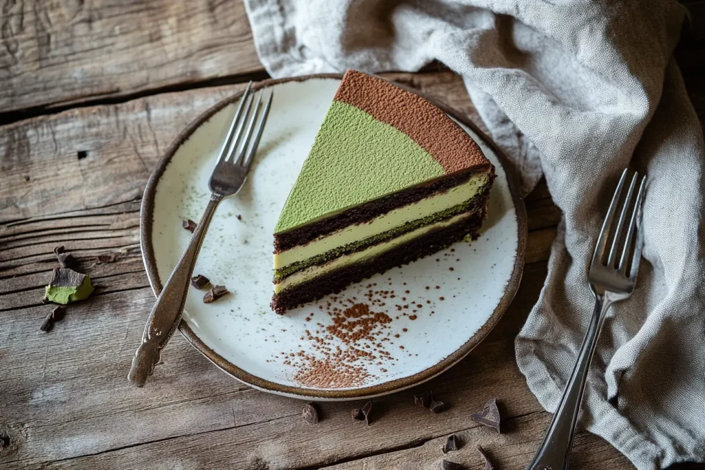 A slice of matcha chocolate mousse cake with layered matcha and chocolate cream on a rustic wooden table.