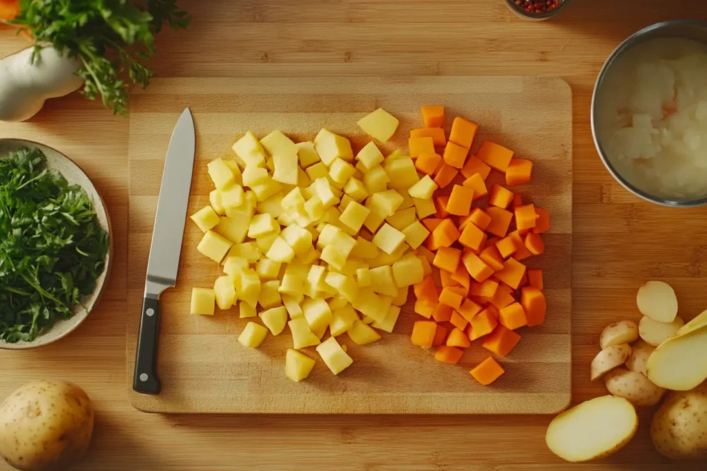 Chopped starchy vegetables like potatoes, carrots, and squash on a wooden cutting board, ready for soup preparation.