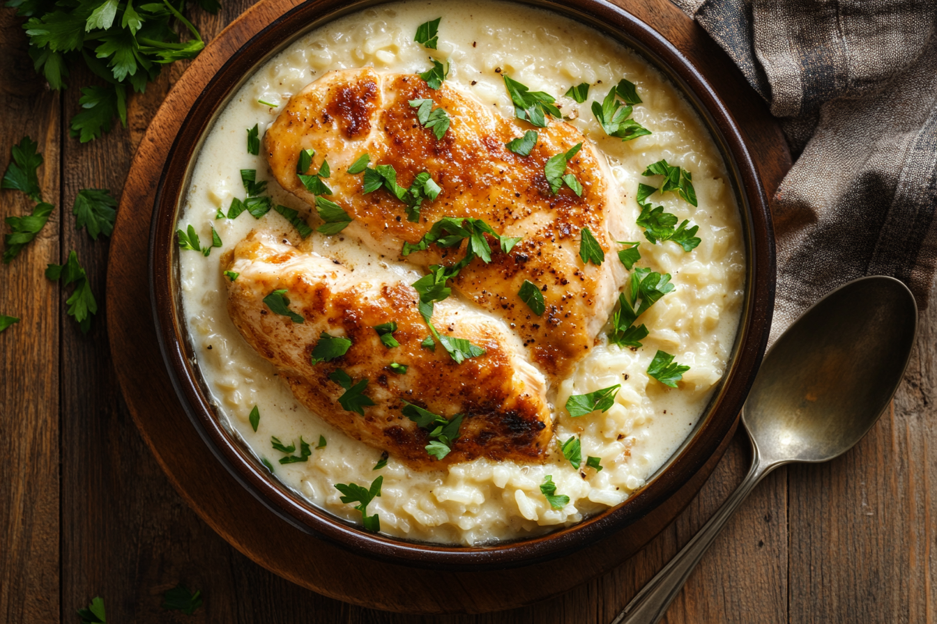 Close-up shot of a creamy forgotten chicken recipe in a baking dish with parsley garnish.