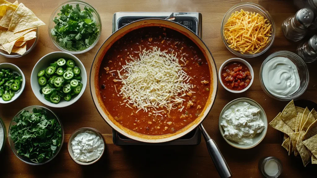 A close-up of taco soup frios topped with shredded cheese, sour cream, and tortilla chips, served on a rustic wooden table.