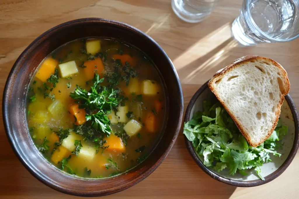 A bowl of vegetable soup garnished with parsley, served with buttered sourdough bread and a green salad on a rustic table.