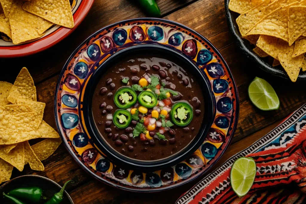 A step-by-step cooking process with black beans being poured into a simmering pot with spices and vegetables.