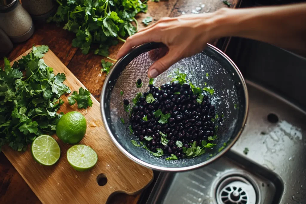 Canned black beans being rinsed in a colander with fresh cilantro and lime on a cutting board nearby.