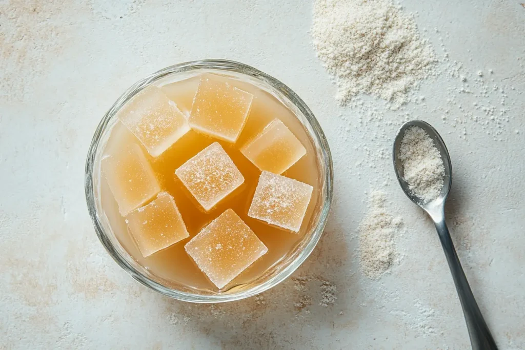Cubes of vegetable broth jelly made with agar agar for vegan soup dumplings.