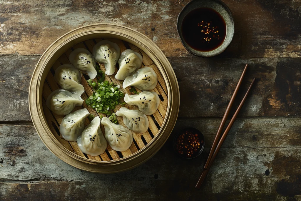 Close-up of vegetarian soup dumplings with black vinegar dipping sauce and garnishes.