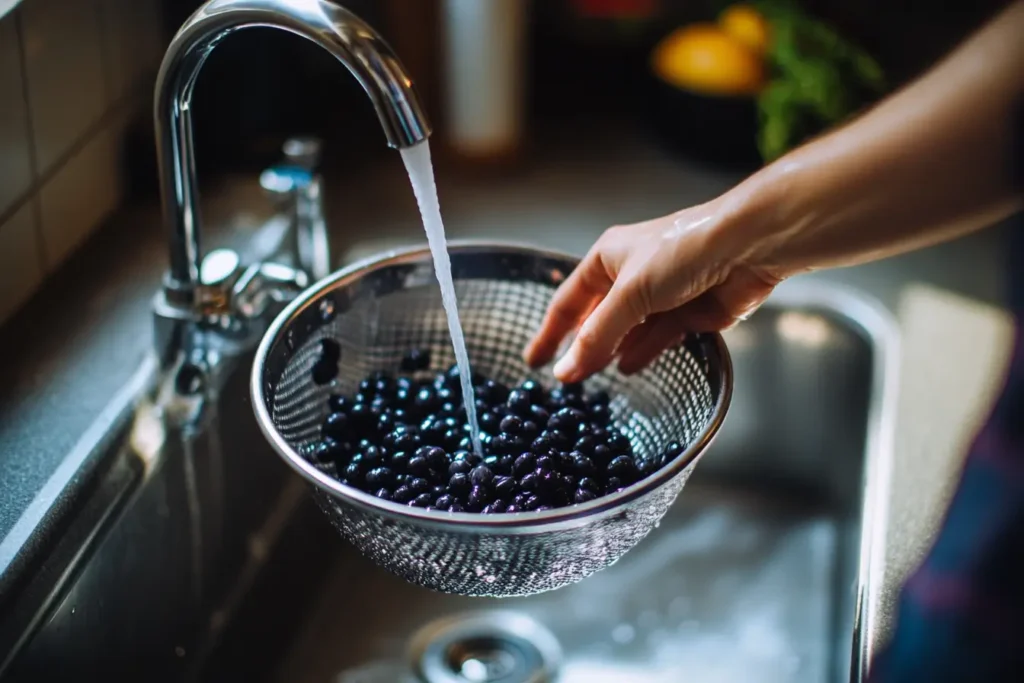 Black beans being rinsed in a colander under running water, showcasing a crucial preparation step for better digestion.