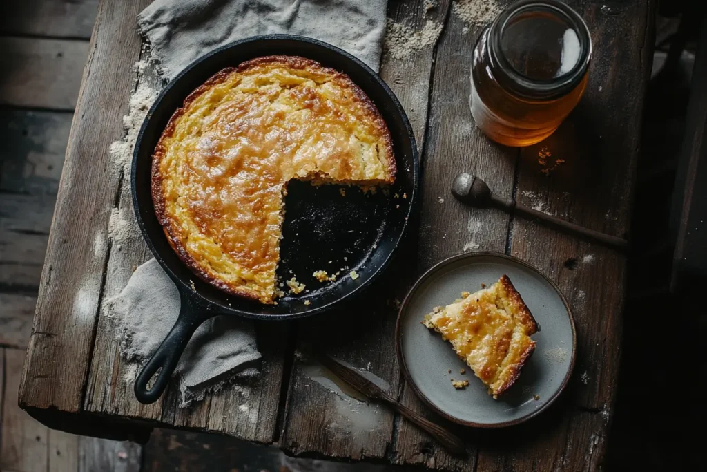 "Freshly baked Southern cornbread in a cast iron skillet with a golden crust, a slice served on a plate beside honey and butter."