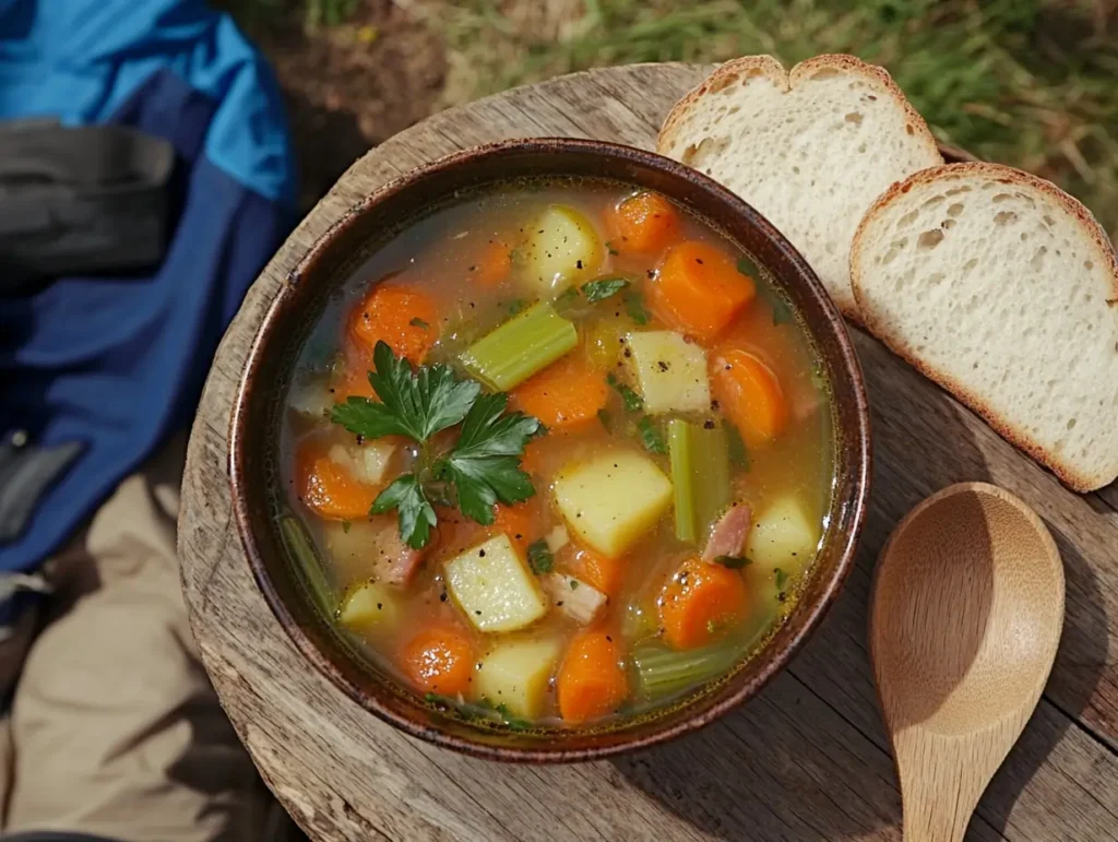 "Overhead view of ham bone and vegetable soup garnished with parsley, served with crusty bread and a rustic wooden spoon."