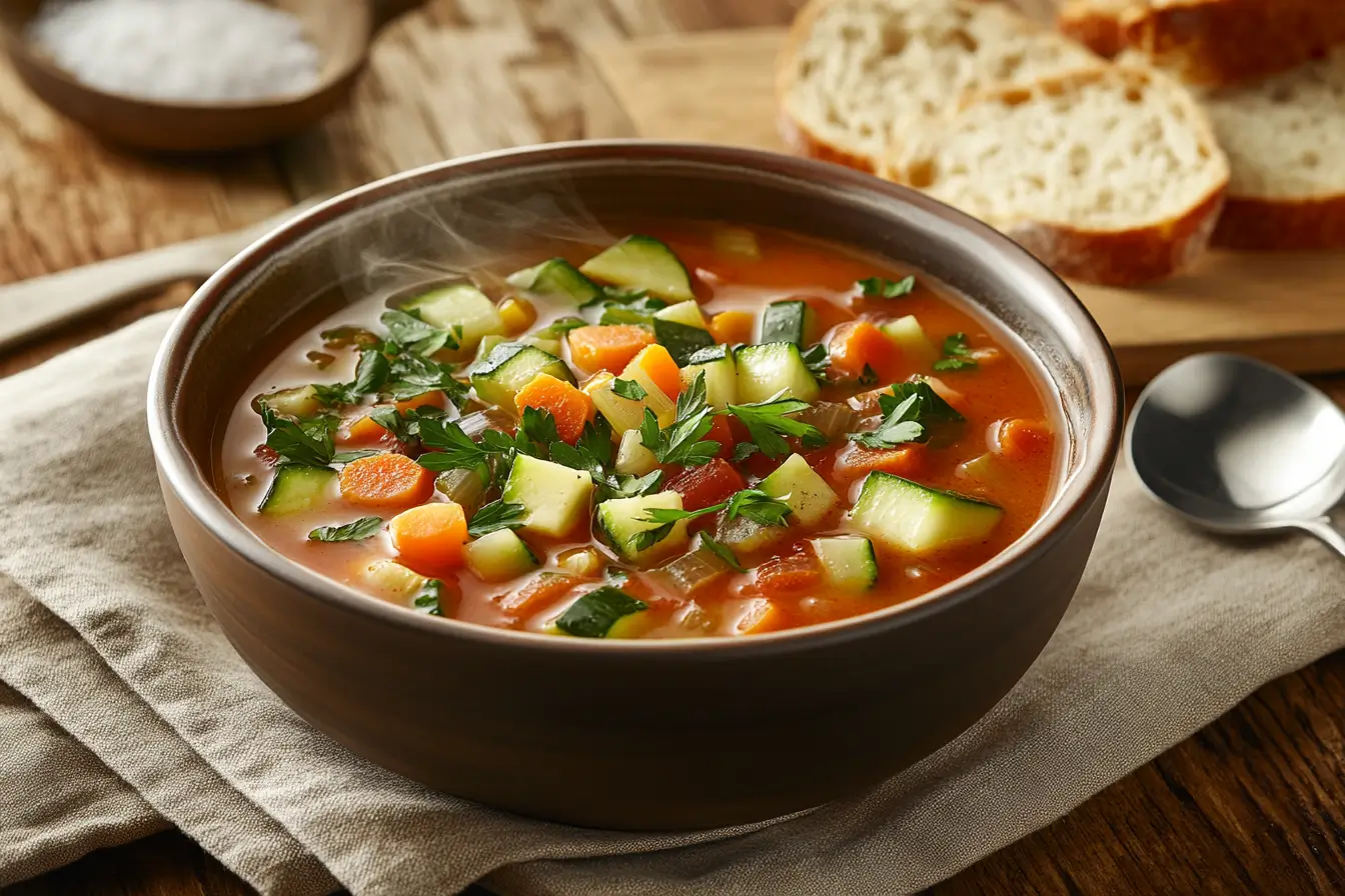 A steaming bowl of homemade vegetable soup garnished with fresh parsley, served with crusty bread on a rustic wooden table.