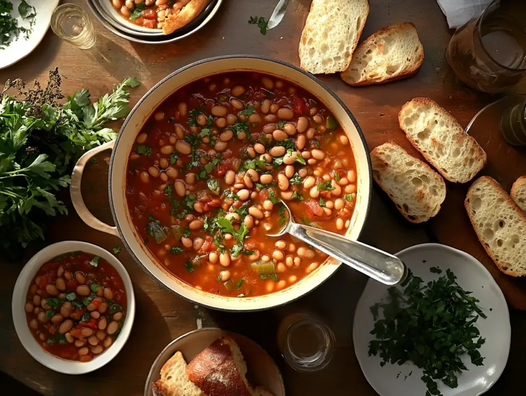 A cozy table setup with a pot of bean soup, individual bowls, crusty bread, and garnishes of fresh herbs and chili flakes.
