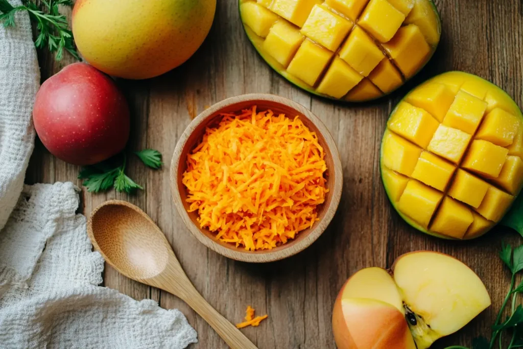 A bowl of grated fruits pair with carrots with sliced mangoes, apples, and whole carrots on a wooden counter.