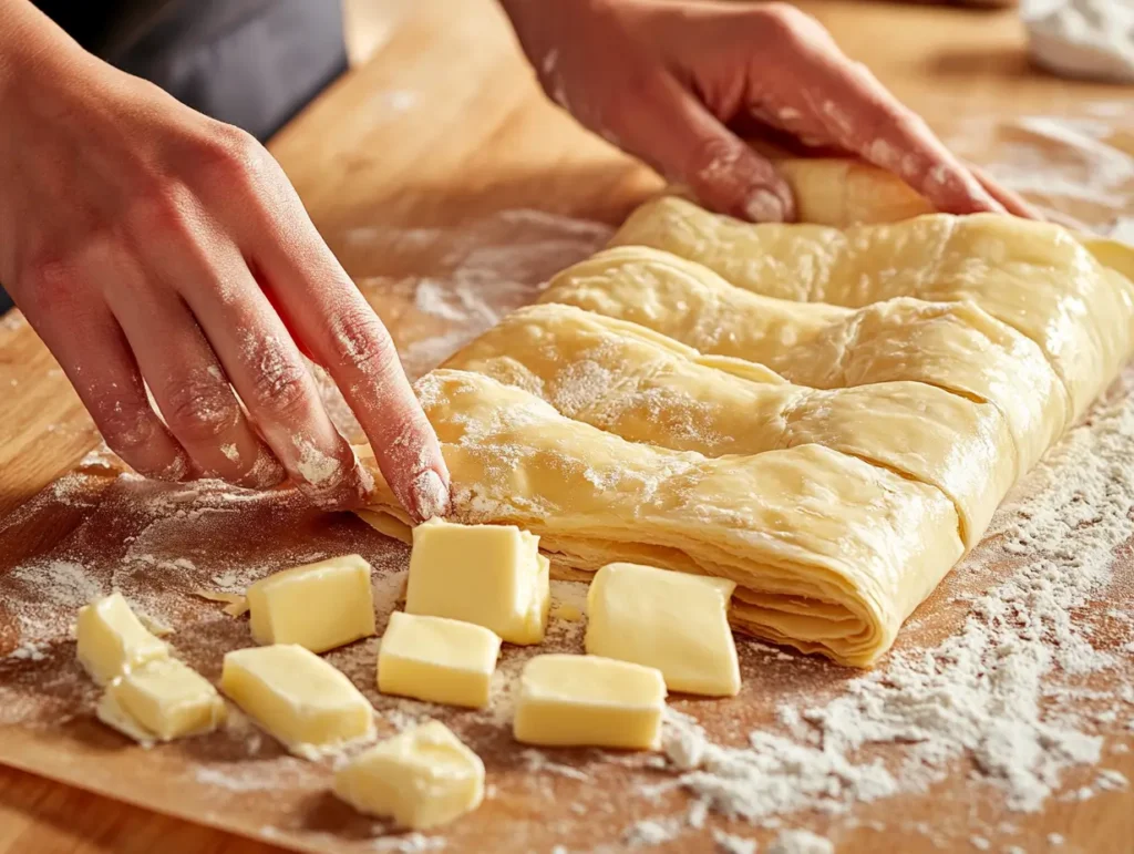 Baker laminating croissant dough with a rolling pin and visible butter block on a floured surface.