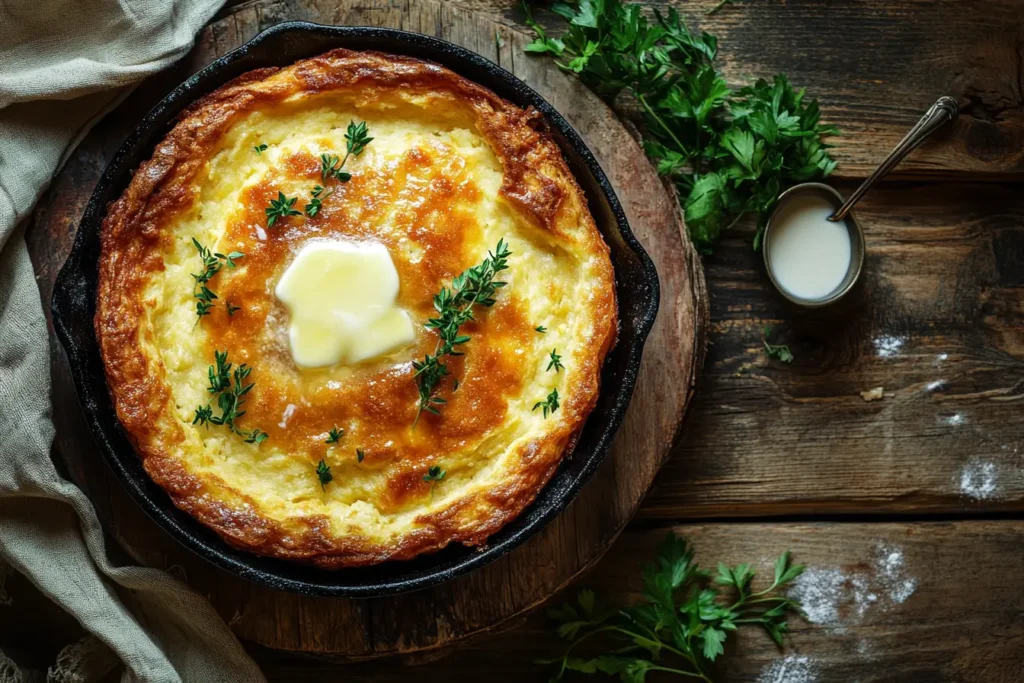 Southern cornbread served on a white plate, surrounded by key ingredients like cornmeal, buttermilk, and eggs.