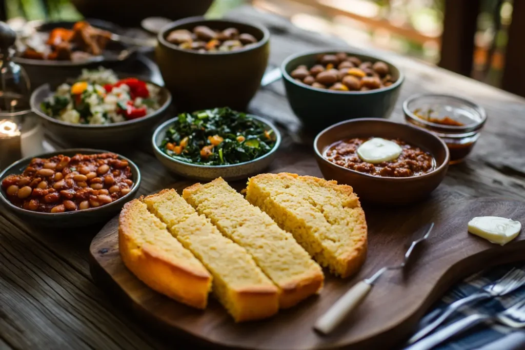 "Golden slices of Southern cornbread served on a wooden platter with chili, collard greens, and butter as sides."