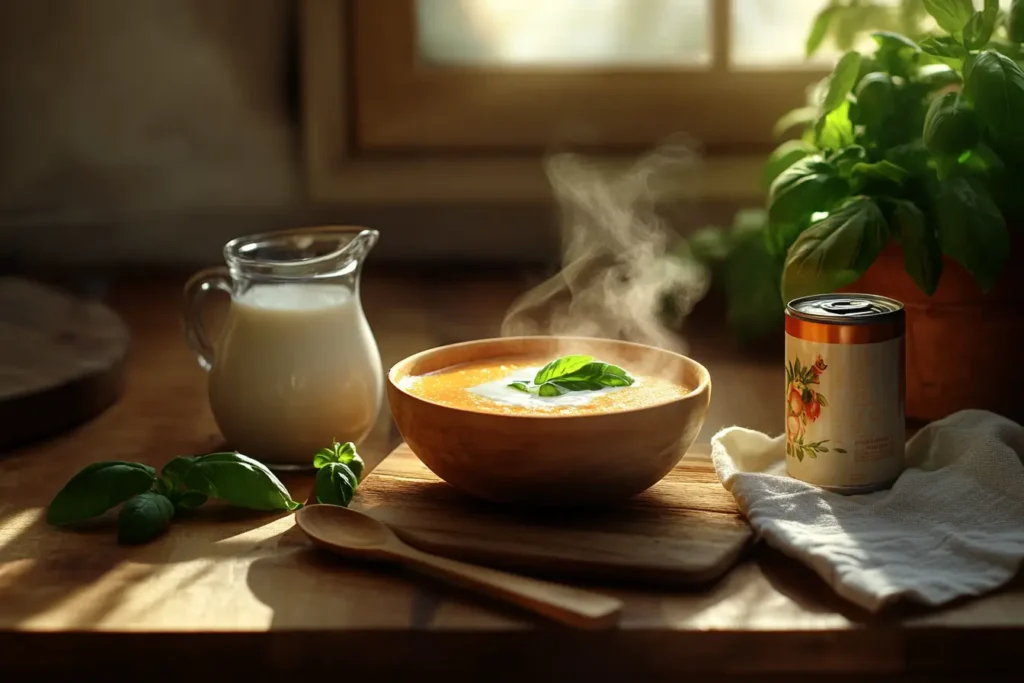 A jug of heavy cream and a can of coconut milk beside a steaming bowl of creamy tomato soup garnished with basil leaves.