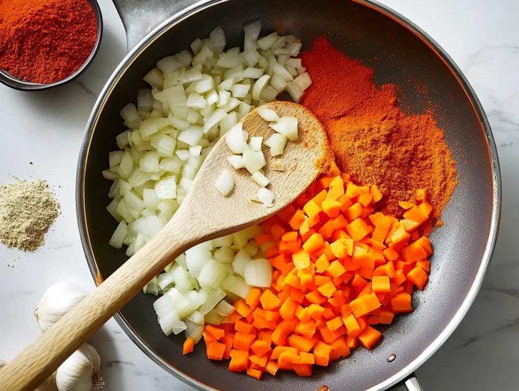 Sautéing onions, garlic, and carrots in a pan with spices like cumin and paprika on a kitchen counter. Why is black bean soup bitter?