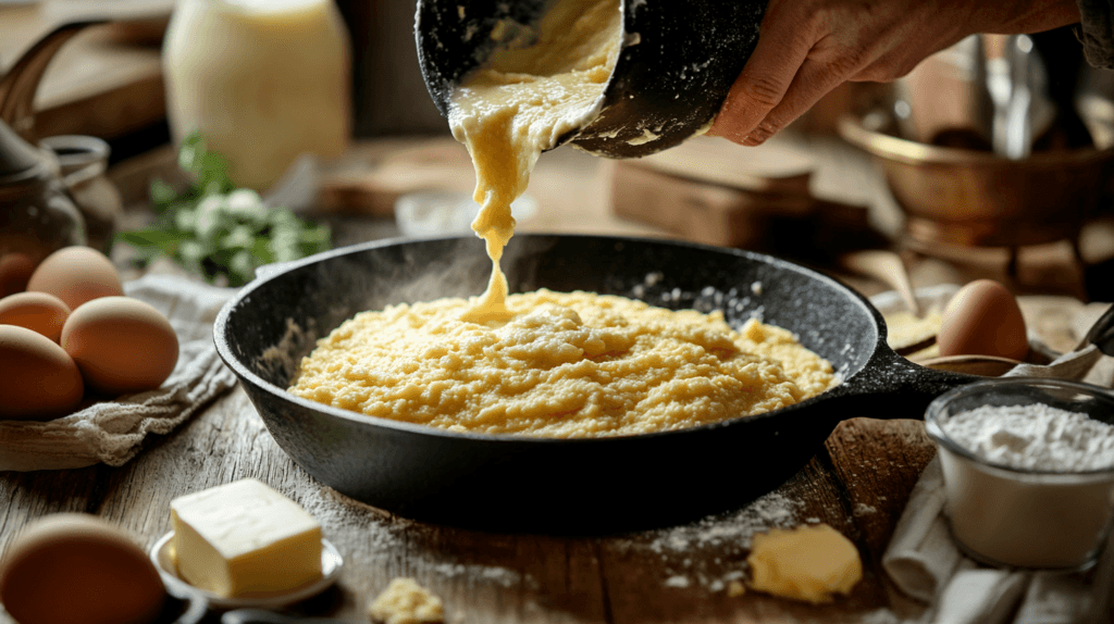 Cornbread batter being poured into a preheated cast-iron skillet, surrounded by fresh ingredients.