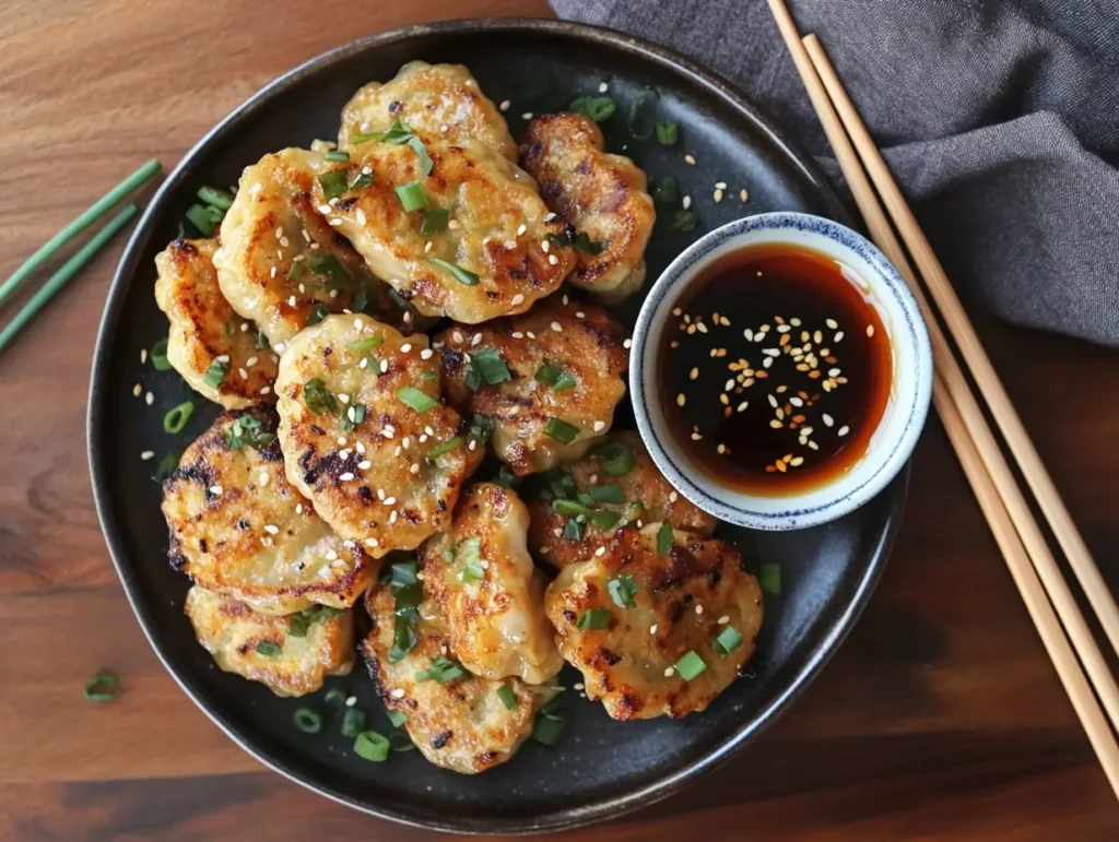 Pan-fried vegan dumplings with golden edges, served with dipping sauce, sesame seeds, and green onion garnishes.