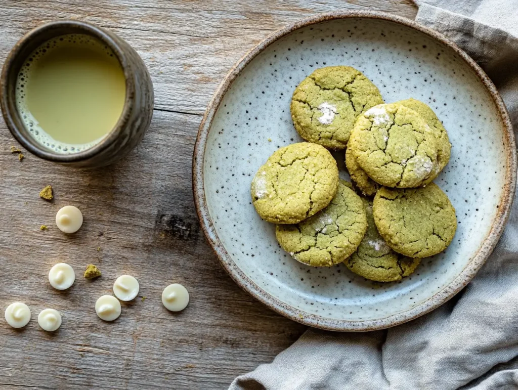 A plate of matcha cookies served with a cup of matcha latte on a wooden table, surrounded by a linen napkin and white chocolate chips.