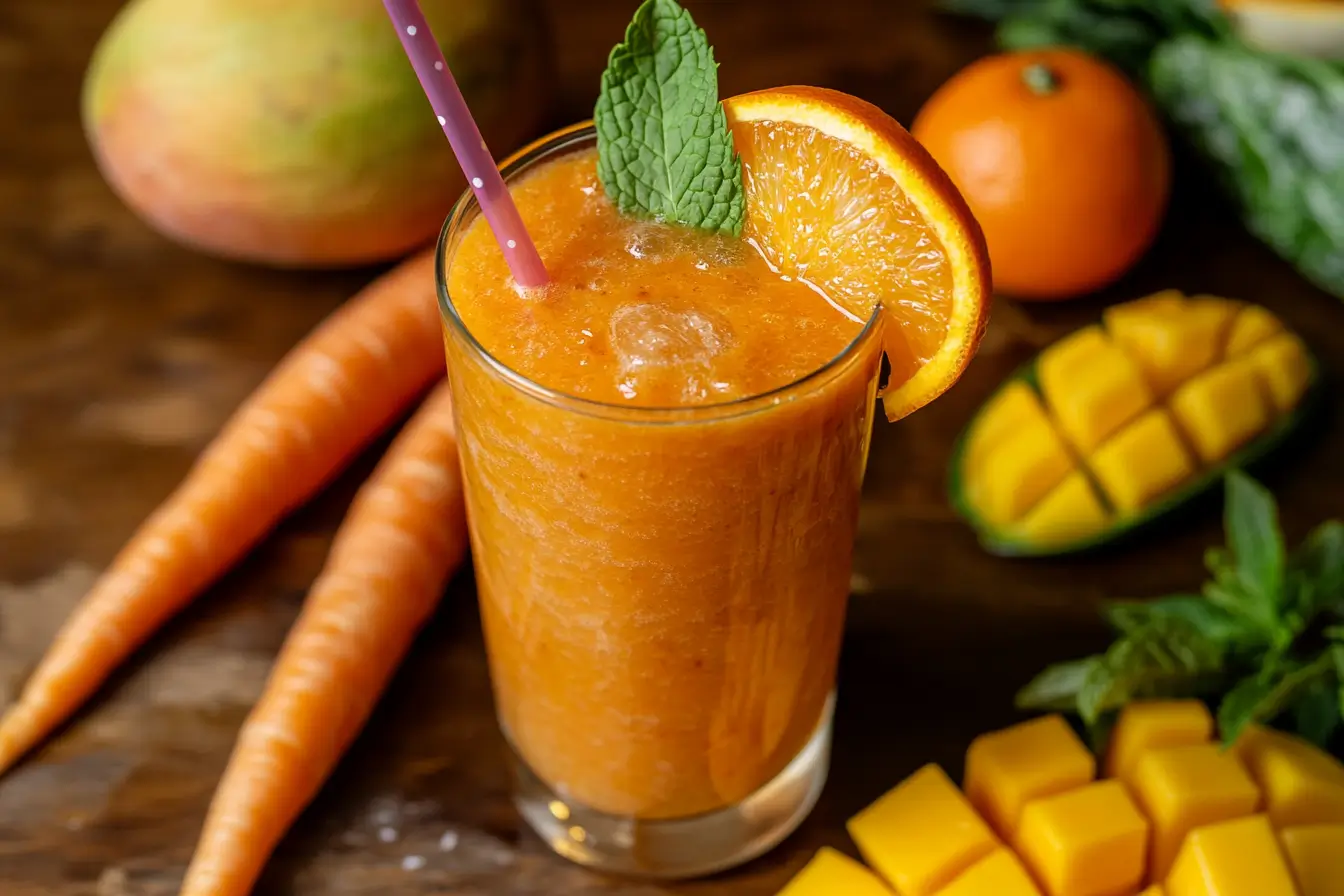 A vibrant carrot smoothie in a glass, garnished with fresh orange and mint, surrounded by sliced fruits on a wooden counter.