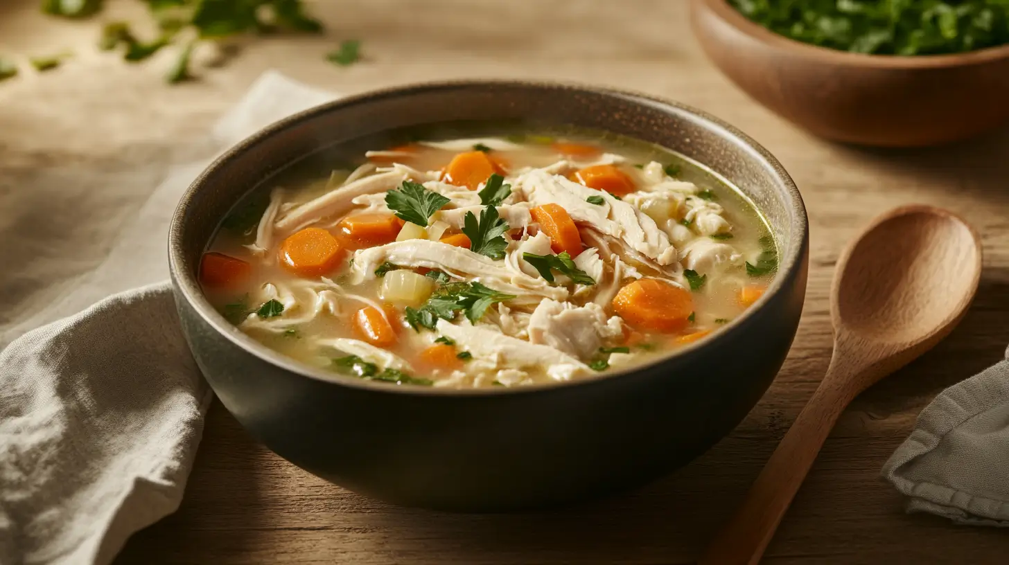 A steaming bowl of chicken soup with golden broth, shredded chicken, and fresh parsley on a rustic wooden table.