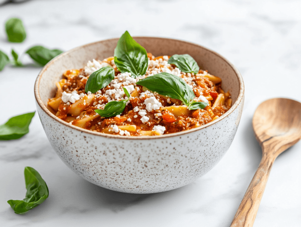 Close-up of ditalini pasta with roasted tomato sauce, crumbled goat cheese, and fresh basil served on a rustic wooden table.