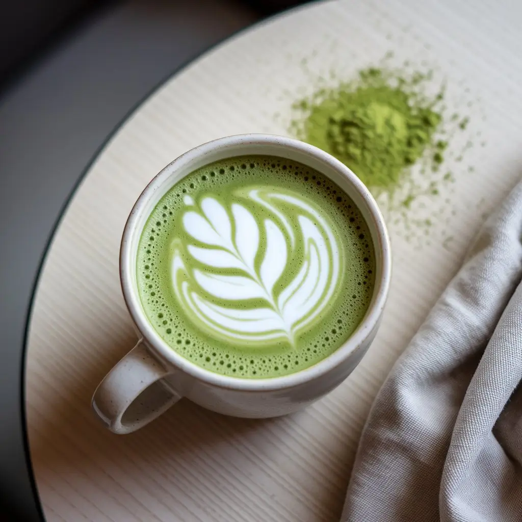 Creamy matcha latte with foam art in a ceramic mug, surrounded by matcha powder and a linen napkin.