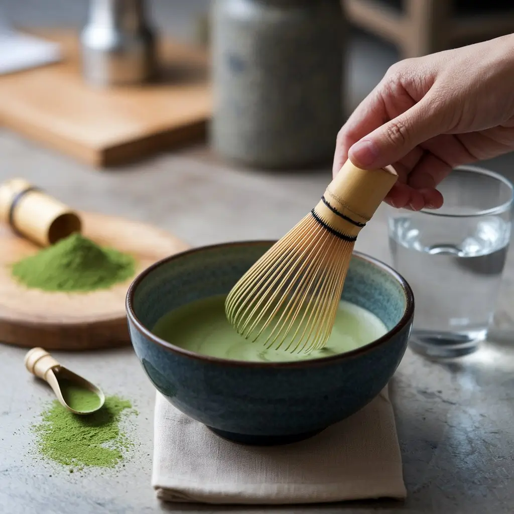 Hand whisking matcha powder with a bamboo whisk in a traditional bowl, surrounded by matcha preparation tools.