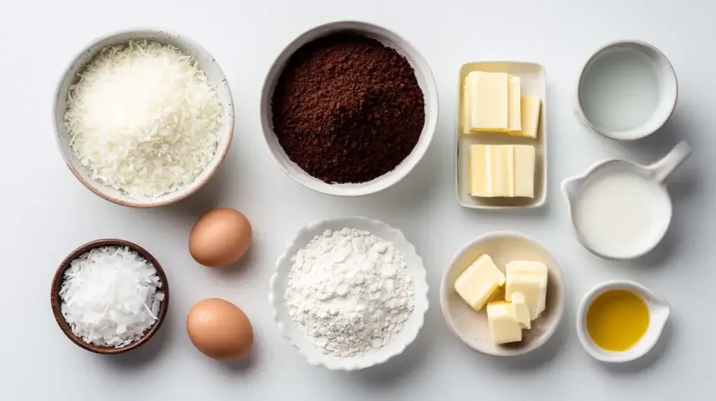 flat lay of ingredients for Mounds cake recipe