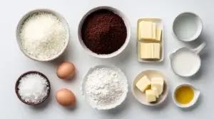 flat lay of ingredients for Mounds cake recipe