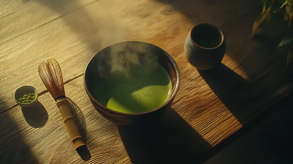 A warm bowl of vibrant green hot matcha tea with a bamboo whisk on a wooden table. Is it okay to drink matcha hot?