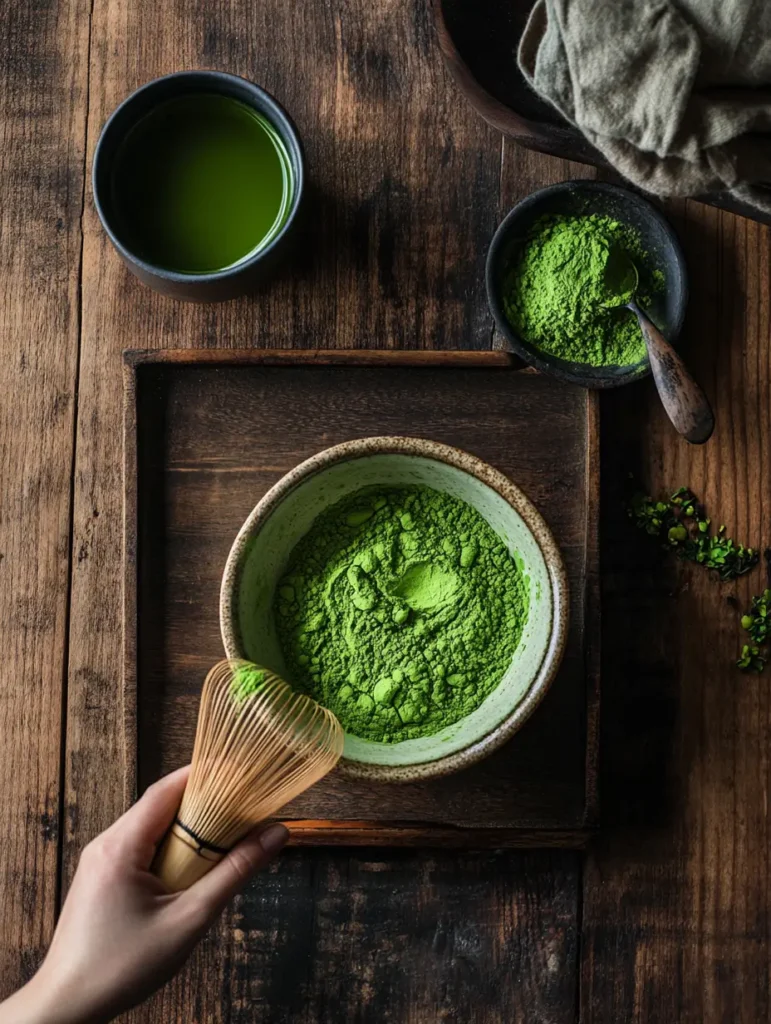 A person whisking vibrant green hot matcha tea with a bamboo whisk. Is it okay to drink matcha hot?