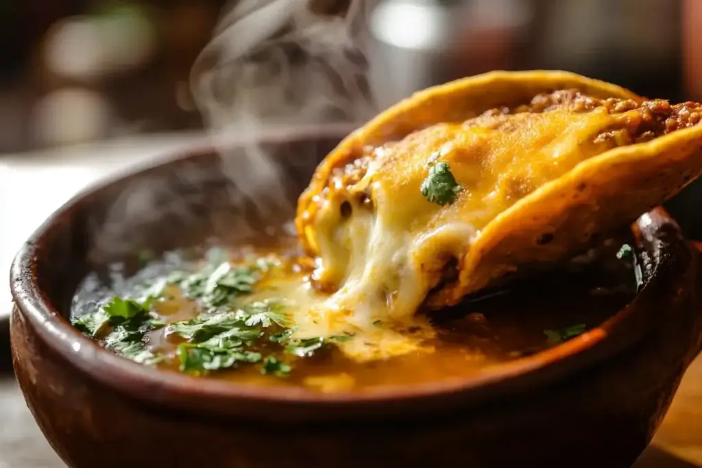 A birria taco being dipped into a steaming bowl of consommé, with melted cheese and steam rising.