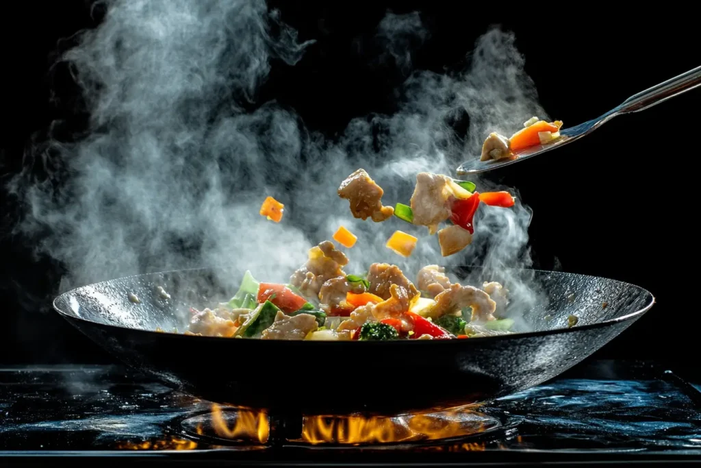 Stir-fry vegetables and chicken sizzling in a wok on high heat, with steam rising.