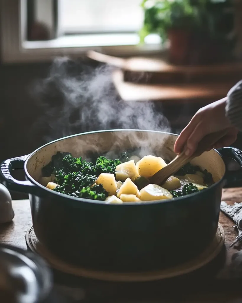 Vegetarian swamp soup simmering on the stovetop with fresh kale, spinach, and zucchini surrounded by cooking ingredients.