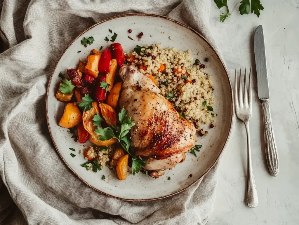 Beautifully plated oil-free chicken with quinoa, roasted vegetables, and parsley garnish on a ceramic plate.