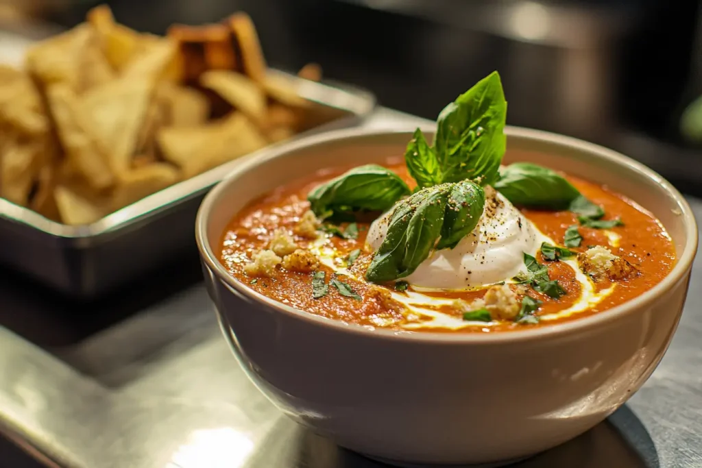 Creamy tomato soup garnished with sour cream, croutons, and fresh basil, served with Parmesan and garlic chips.