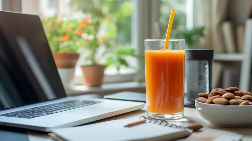 too much Carrot juice on a work desk for a healthy midday energy boost.