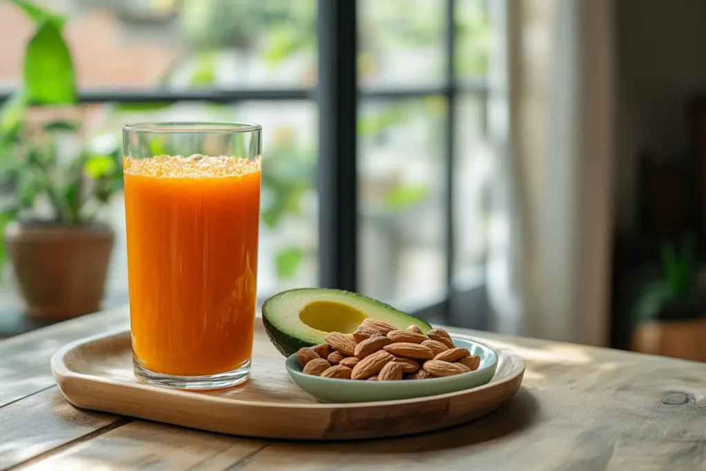 Carrot juice served with healthy fats like nuts and avocado for balanced nutrient absorption.