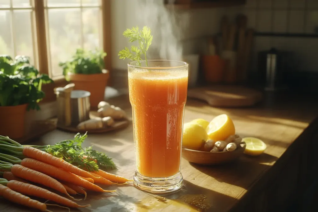 Fresh glass of carrot juice with whole carrots, ginger, and lemon on a wooden kitchen counter.