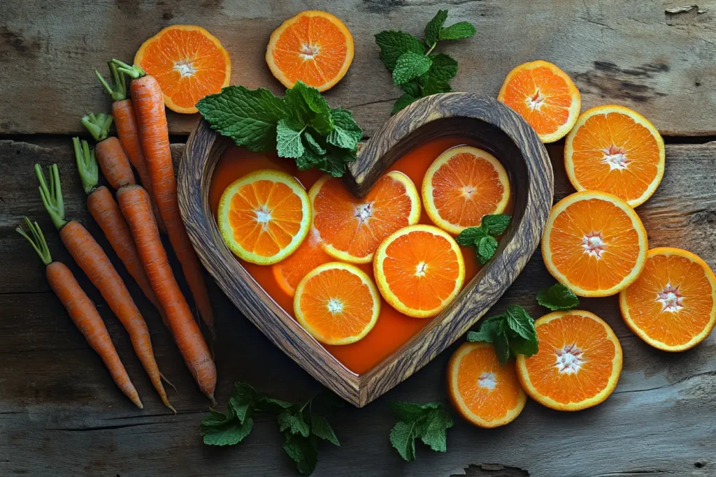 Heart-shaped bowl of carrot and orange juice with fresh orange and carrot slices.