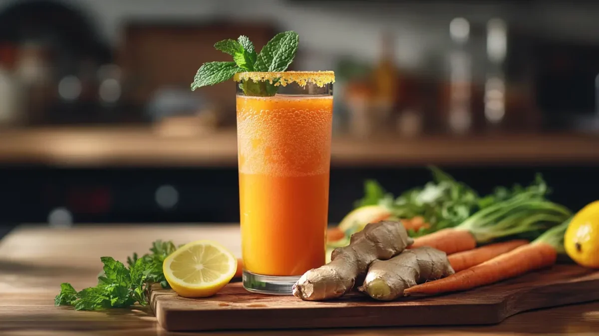 Fresh glass of carrot juice with lemon and mint, surrounded by fresh carrots and ginger on a rustic table.