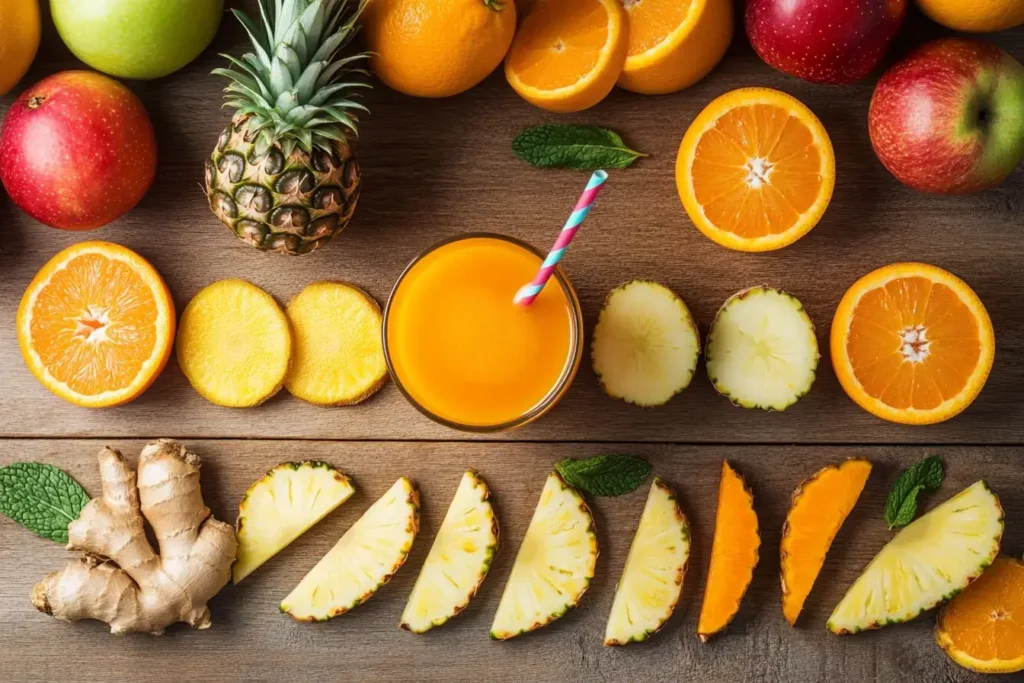 Freshly pressed carrot juice surrounded by sliced apples, oranges, pineapples, and ginger on a rustic wooden table.